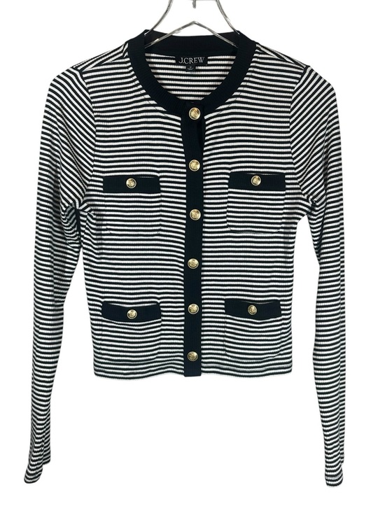 J. Crew Tops - J.CREW Women's Medium Vintage Rib Lady Jacket Black & White Striped Gold Buttons